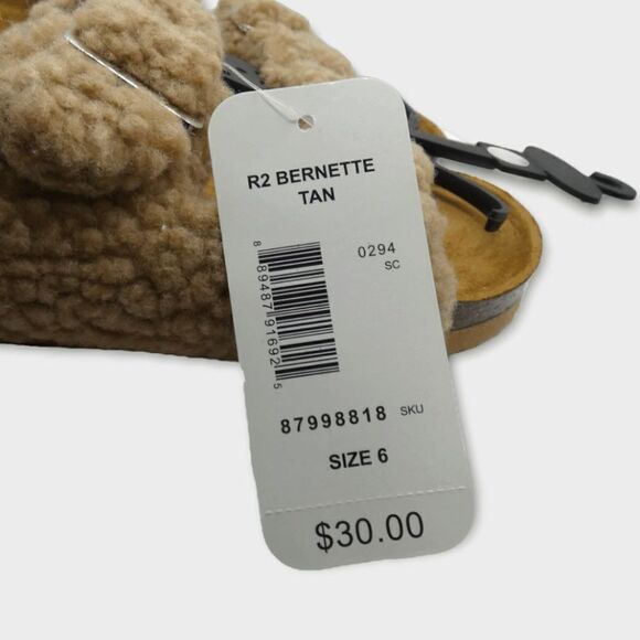 R2 Bernette Tan Sherpa Faux Fur Slip On Slide Sandals Size 6M - Picture 3 of 13